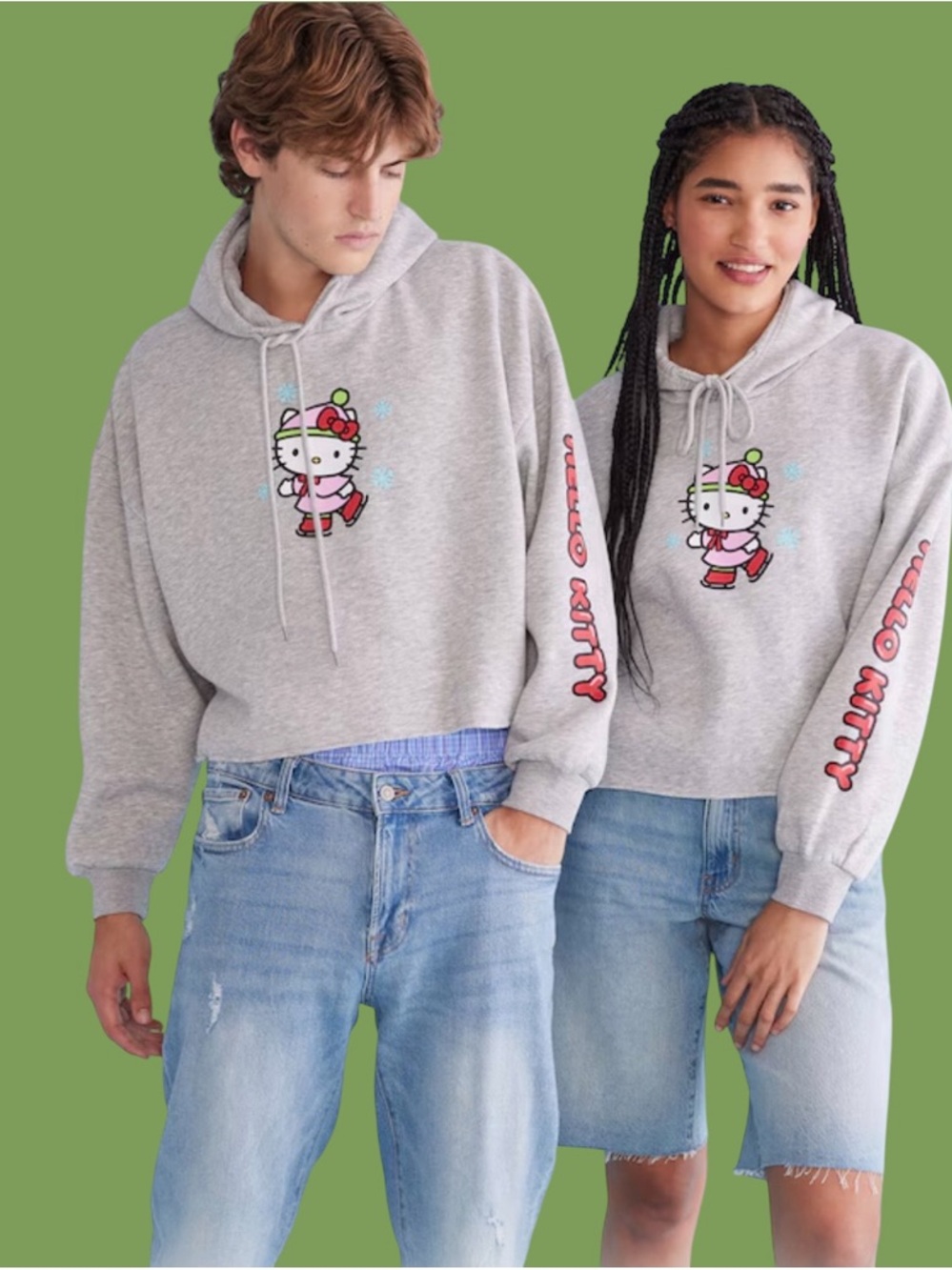 Aeropostale Hello Kitty Ice Skating Cropped Pullover Hoodie Gray NWT